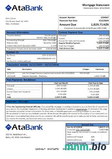 Azerbejdżan Bank Atabank wyciąg z kredytu hipotecznego szablon Word i PDF